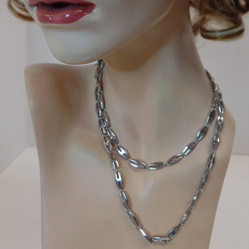 Silvertone Large Link 34" Necklace Double Wrap - Picture 2 of 12